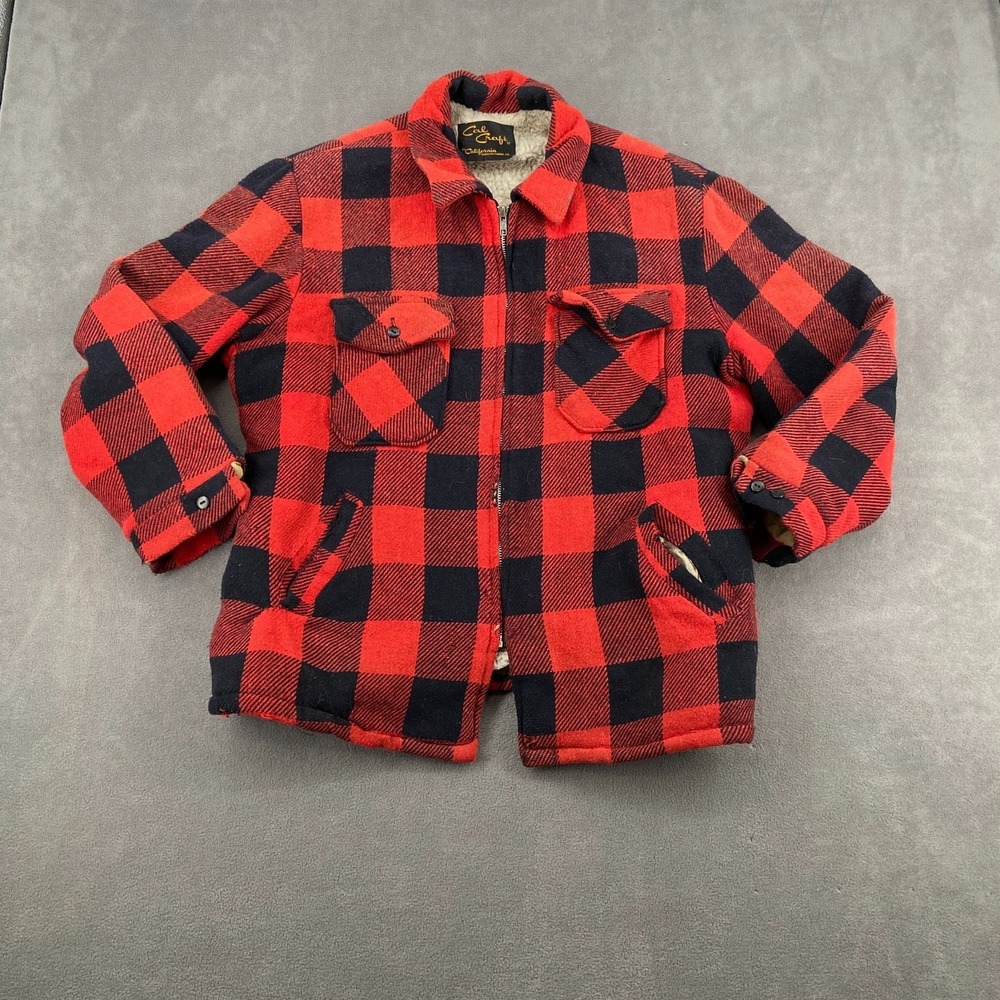 VTG Cal Craft Jacket Sz XL Red Black Buffalo Plaid Flannel Sherpa Lined Full Zip
